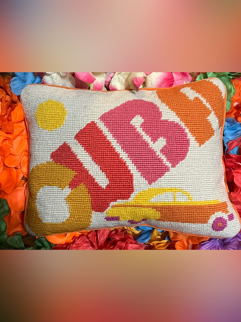 JP Needlepoint CUBA Travel Airplane Vintage Car Pillow Orange Velvet 10” x 7.5”